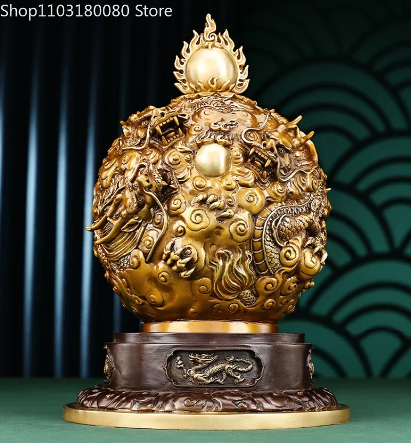 36.5cm Exquisite Brass Copper Nine turn Qiankun ding Dragon pearl sculpture Lucky Fengshui decor Office Home decor