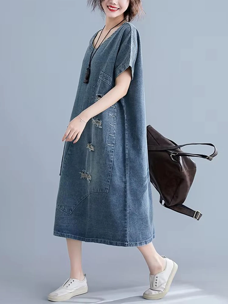 Amax luluE Letnia Koreańska Stylizacja Damska Punkowa Odzież Uliczna Długie Podarte Ubrania Damskie Jeansowe Sukienki Oversize Vintage Dziury Vestidos — zdjęcie 6
