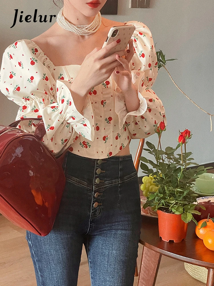 Jielur French Vintage Elegant Blouse Women 2022 Summer Fashion Long Sleeve Slim Design Y2K Crop Tops Female Casual Floral Shirts