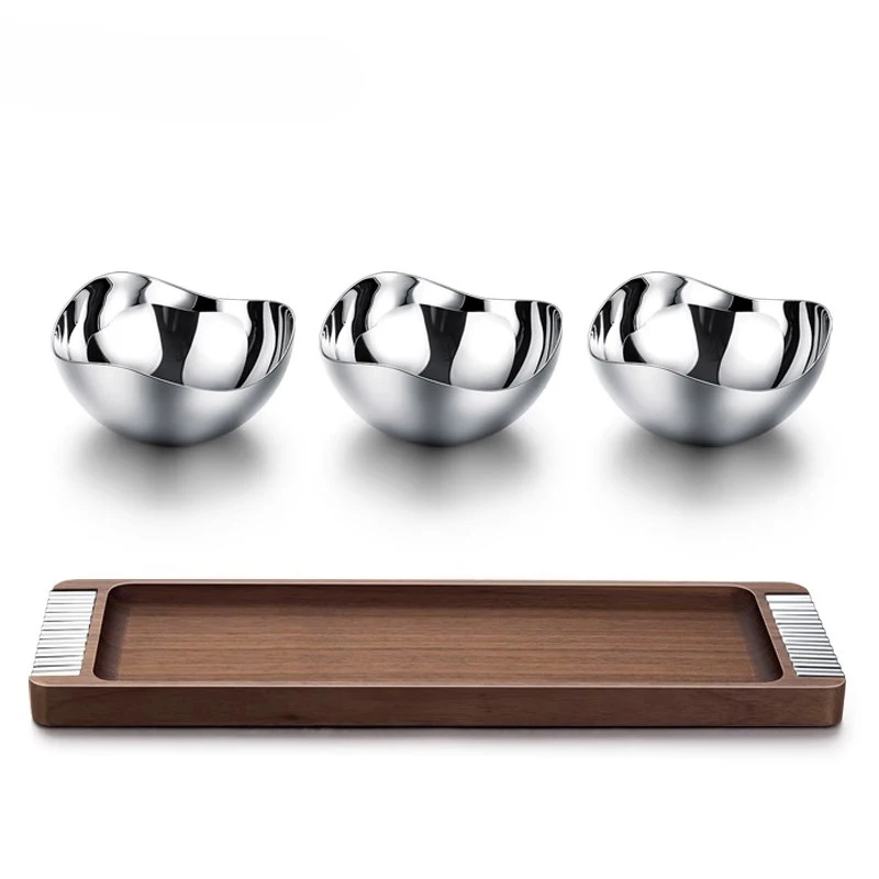 Light Luxury Retro Style Walnut Wood Compote Creative Home Decor Snack Fruit Tray Living Room Tea Table Nut Food Metal Bowl Tray