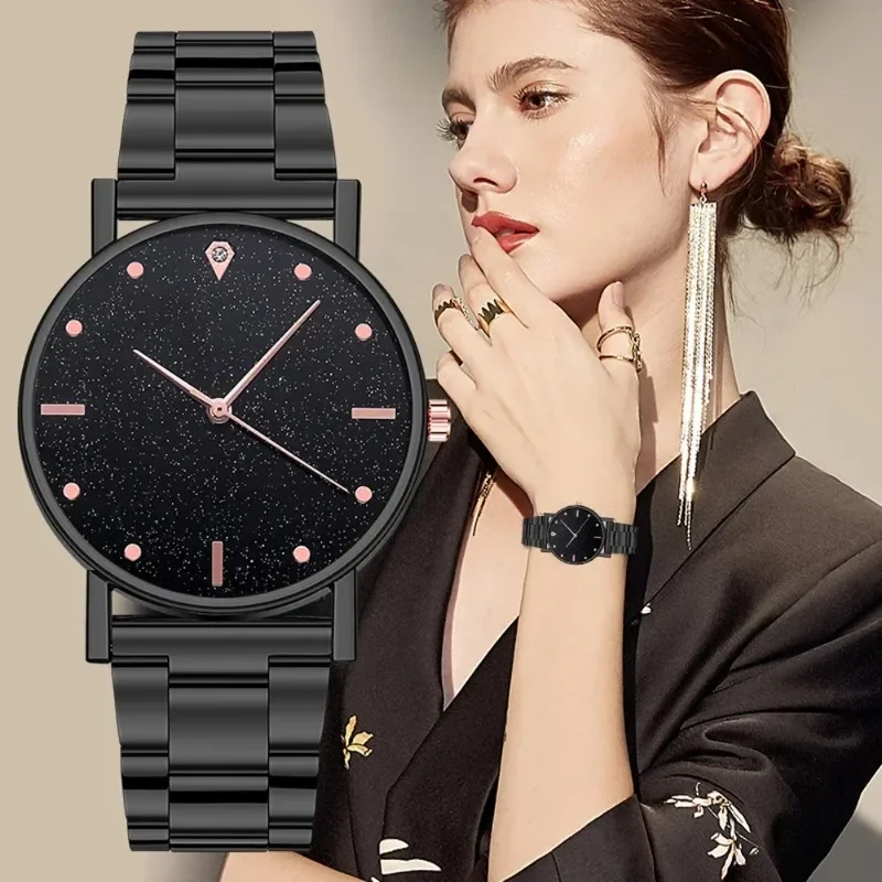 Reloj informal de lujo para Mujer, pulsera de cuarzo analógico de acero inoxidable con cielo estrellado, 204