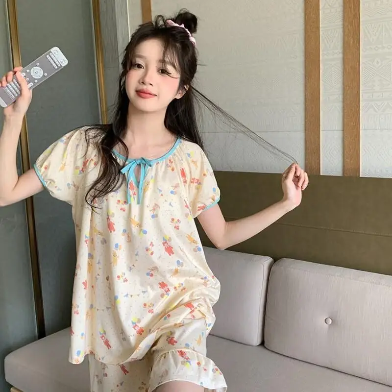 Women's Pajama Set Fashion Homewear Homewear Set Cotton Casual Wearable Out Cute Bear Print Sweet Contrast Color Summer New