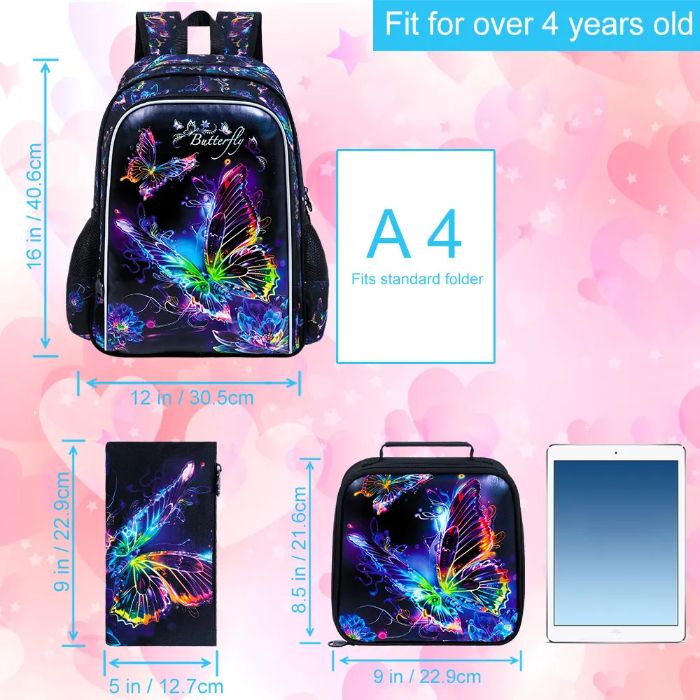 Zaino per bambini da 16 pollici per ragazze, zaino scolastico da 3 pezzi con scatola per il pranzo, set di zaini a farfalla per la scuola materna elementare