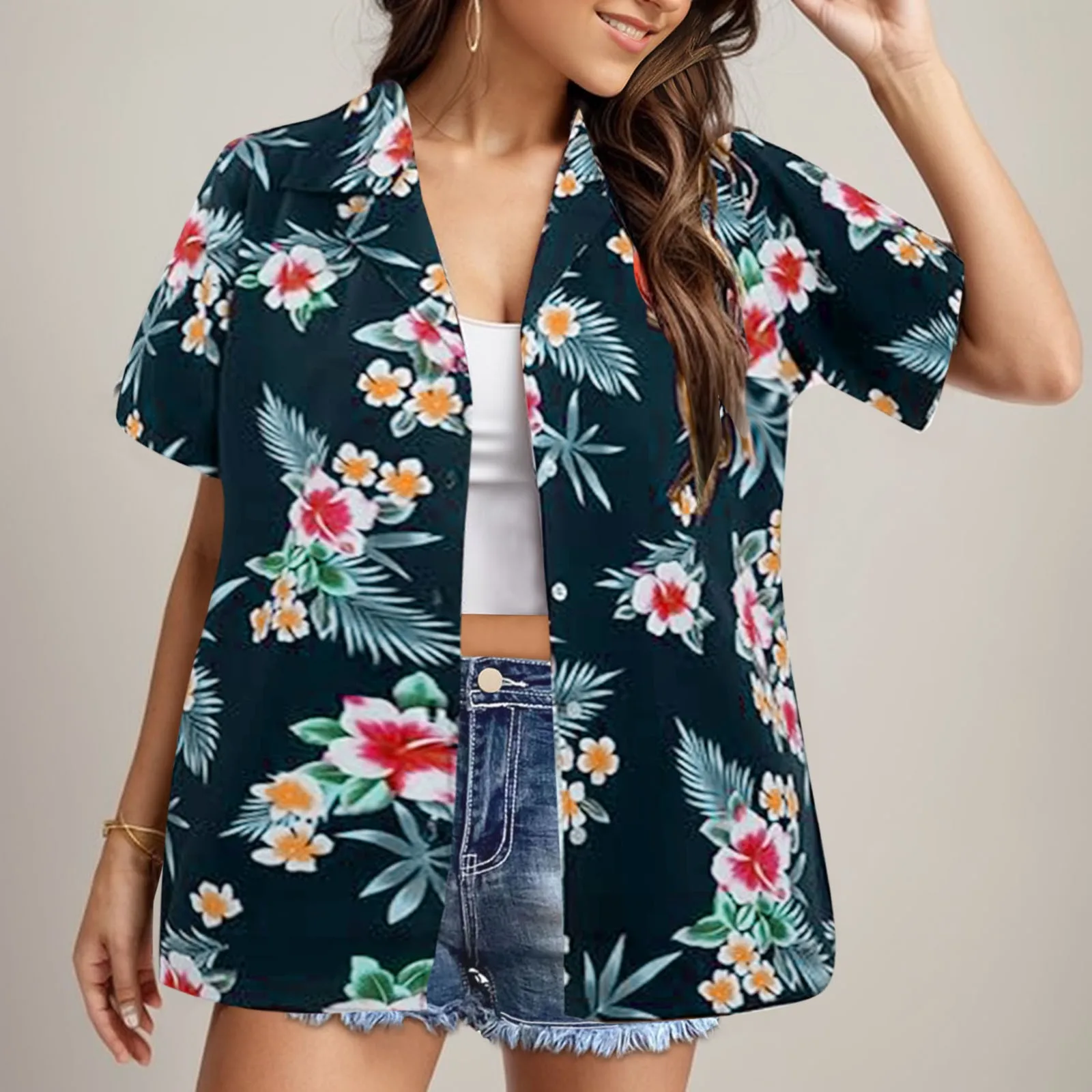 Summer Hawaiian Shirts For Women Short Sleeve Casual Floral Printed Button Down Shirt Beachwear Blouse Summer Top Shirt 2024