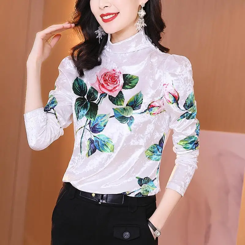 

Elegant Printed Turtleneck Floral Blouses Women's Clothing 2023 Autumn New Loose Office Lady Tops All-match Shirts