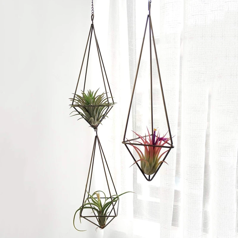 3 Pack Hanging Air Plant Holder Geometric Planter Air Plant Rack Tillandsia Hanger with Chain for Home Decor