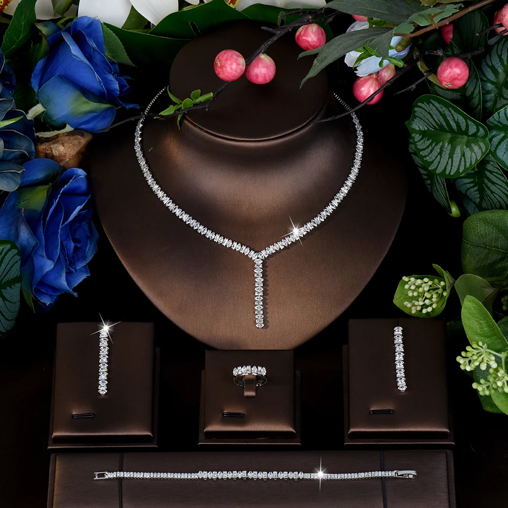 HIBRIDE Everyday Simplicity 4 Piece Necklace Earrings Bracelet Women's Jewelry Set Fits Dubai Holiday Party Dress Gift S-958