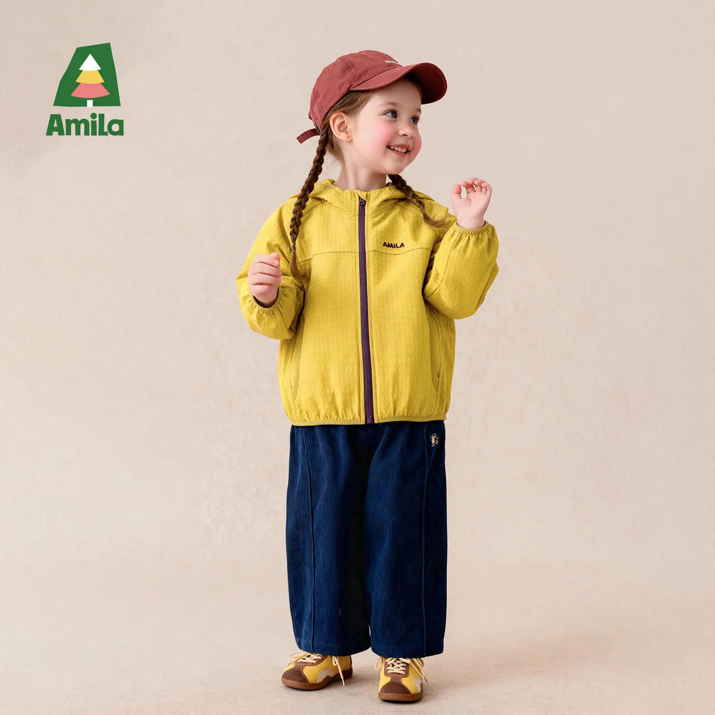 Amila 2026 Autumn New Kids Jacket Raglan Sleeve Loose Color Block Placket Logo Embroidery Fashion Casual Daily Long Sleeve Top