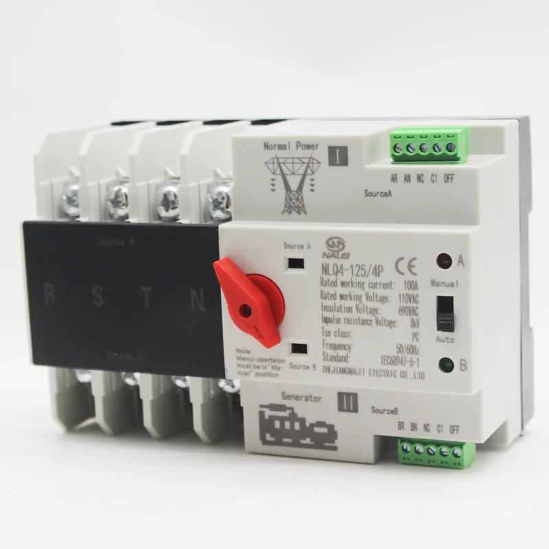 110V US Standard ATS (Automatic Transfer Switch), Uninterrupted Switchover, Generator Version, DIN Rail Mounted, 4P, 63A/100A