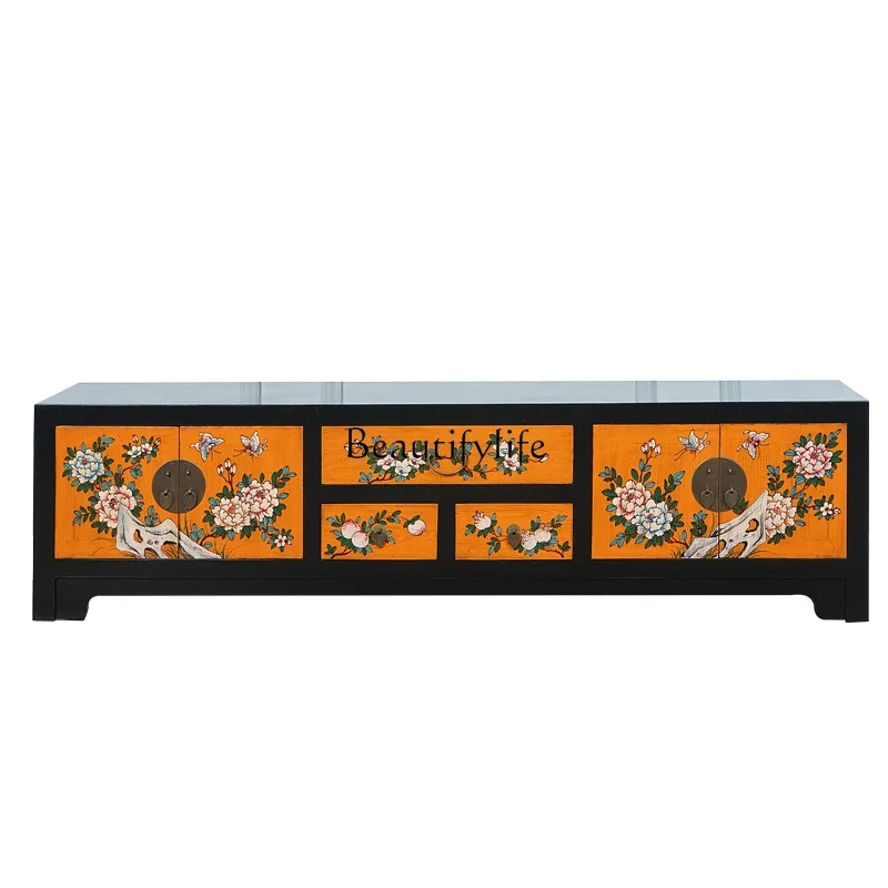 

13New Chinese TV Cabinet Solid Wood Retro Painted Elm Furniture Hand Painted Old Living Room Storage Storage Floor Cabinet