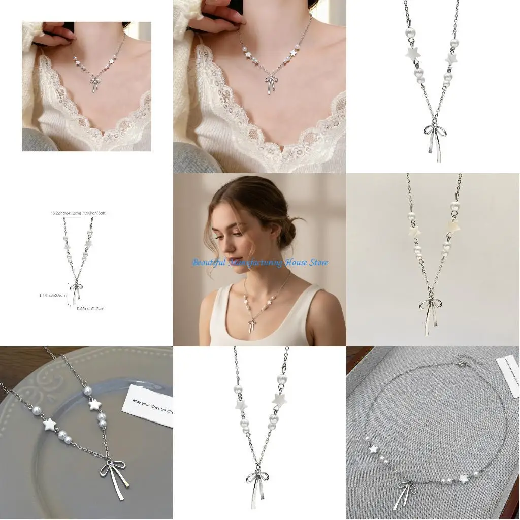 

E56A Dainty Stackable Chain Necklace Bowknot Star Pearls Pendant for Special Occasions