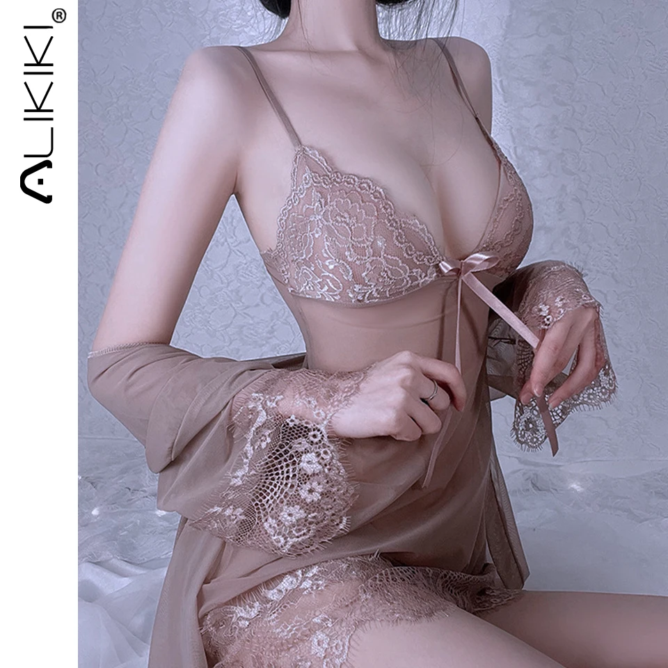 Lace Babydoll Sexy Sleepwear Mesh Bridal Night Dress Mini Chemise Wedding Nightie Nightgown With Robe Lingerie for Women