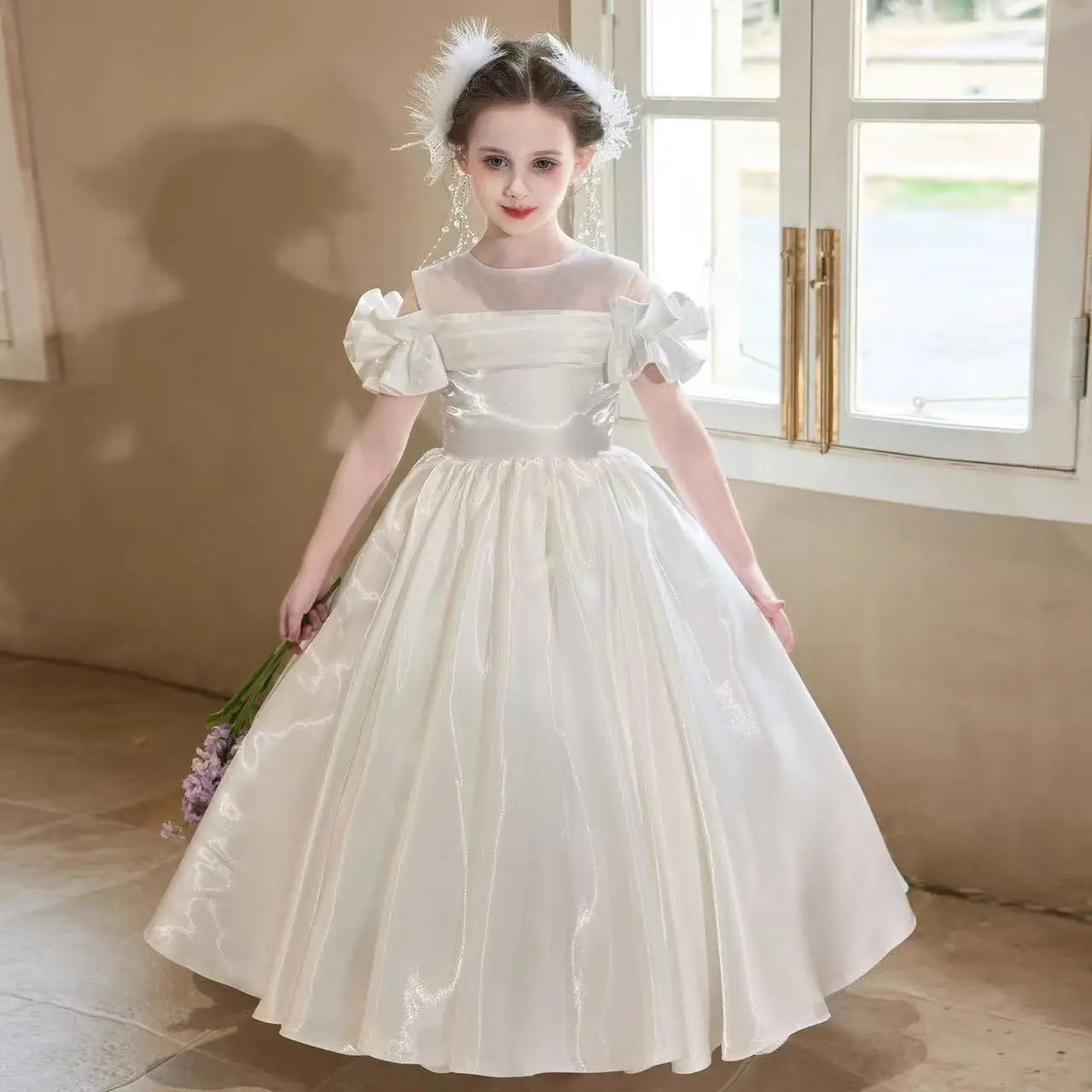 Elegant White Girls Birthday Formal Gown Luxury Princess Dress for Banquet Host Piano Recital Wedding Flower Girl Occasion