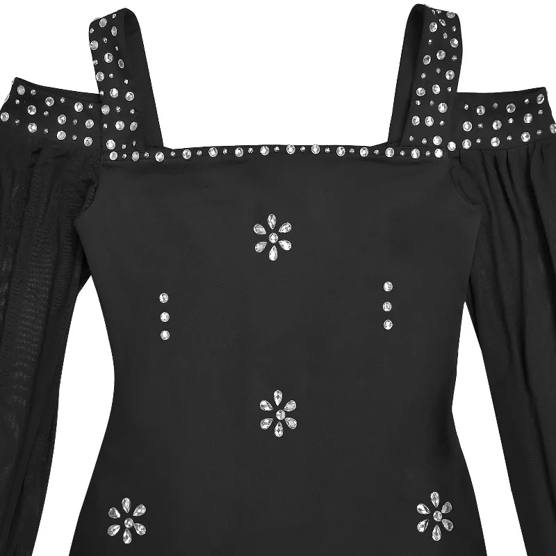 KEXU Damen Mesh Langarm Diamanten Hot Strass Cut Out Shoulder Bodycon Midi Maxi Langes Kleid und Tank-Innenkleider