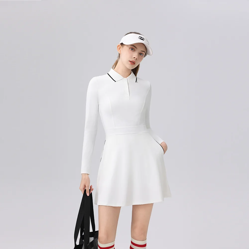 

Autumn Long Sleeve Tennis Dress Polo Collar with Shorts Golf Wear Women Badminton Outfit Gym Active Wear Black White Green 2025