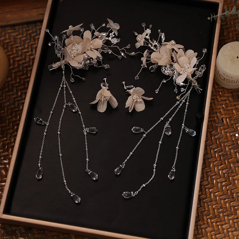 Beautiful bridal tiara Korean style flower super fairy handmade crystal fringed hairpin earring set for marriage