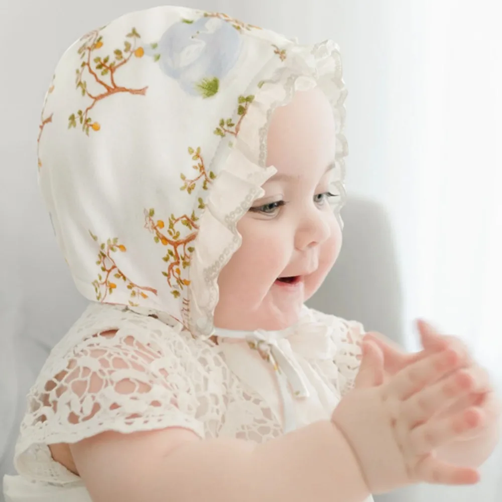 Kawaii 100% Cotton Ruffle Baby Hat Double Layer Animal Print Newborn Bonnet Cap Warm Cartoon Infant Lace Sun Hat Kids