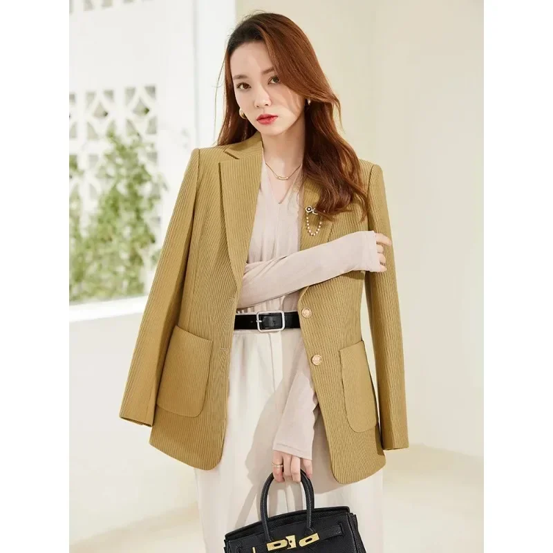 Autumn Winter Outwear Casual Blazer Women Ladies Jacket Khaki Green Black Female Long Sleeve Single Breasted Straight Coat