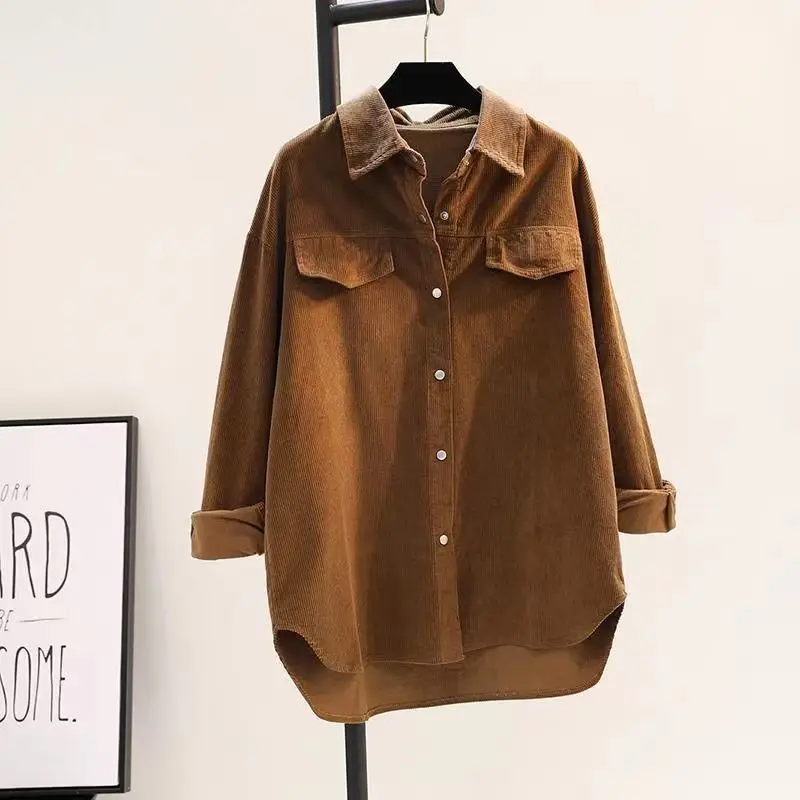 Green Mid-length Corduroy Shirts Women Autumn Casual Solid Simple All-match Cozy Loose Korean Style College Office Ladies Chic