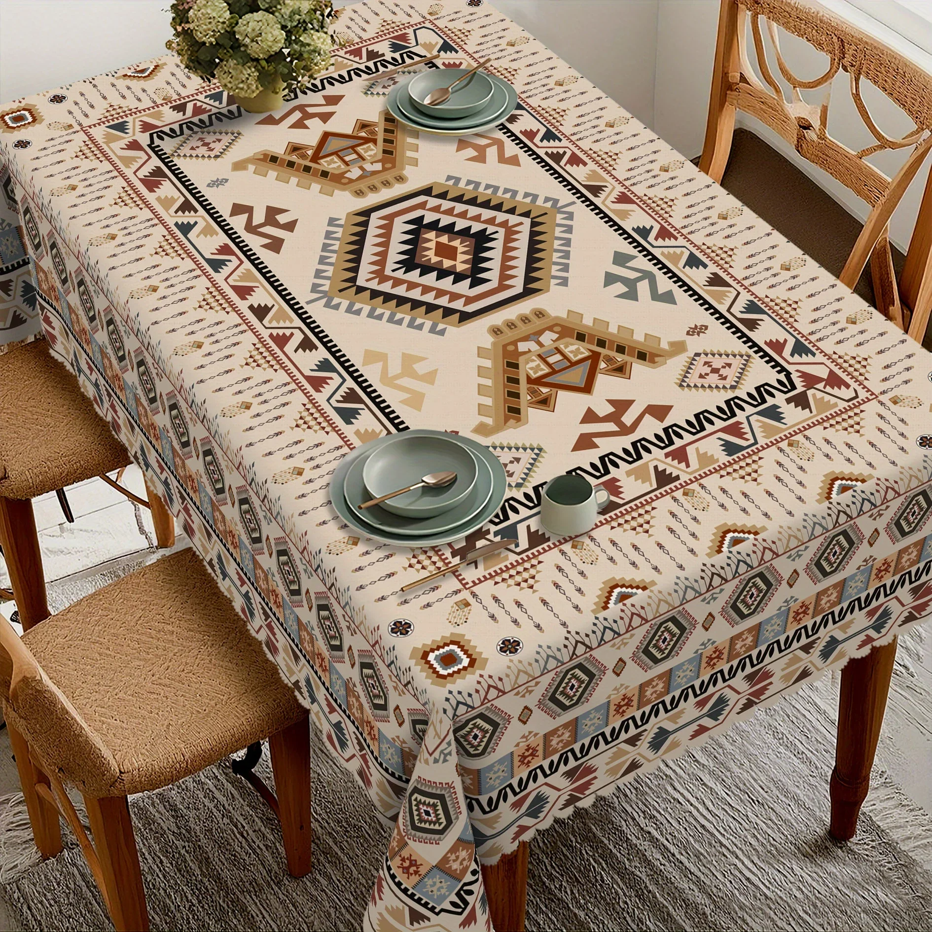 Retro Bohemian Tablecloth - Geometric Ethnic African Pattern, Durable Polyester Fiber Rectangle