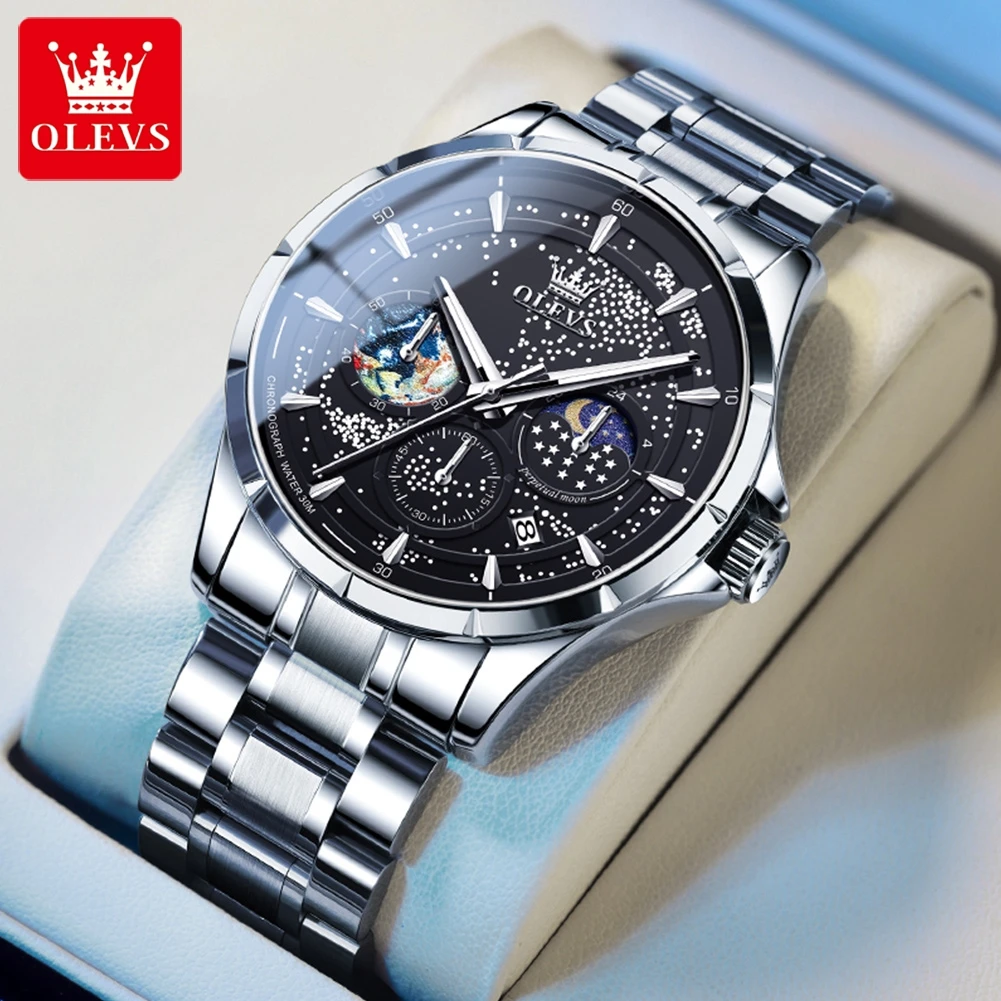 OELVS 5538 Original Quartz Wristwatch,Waterproof, Luminescent Stainless steel, Moon Phase,  Steel Strap Men's Watch