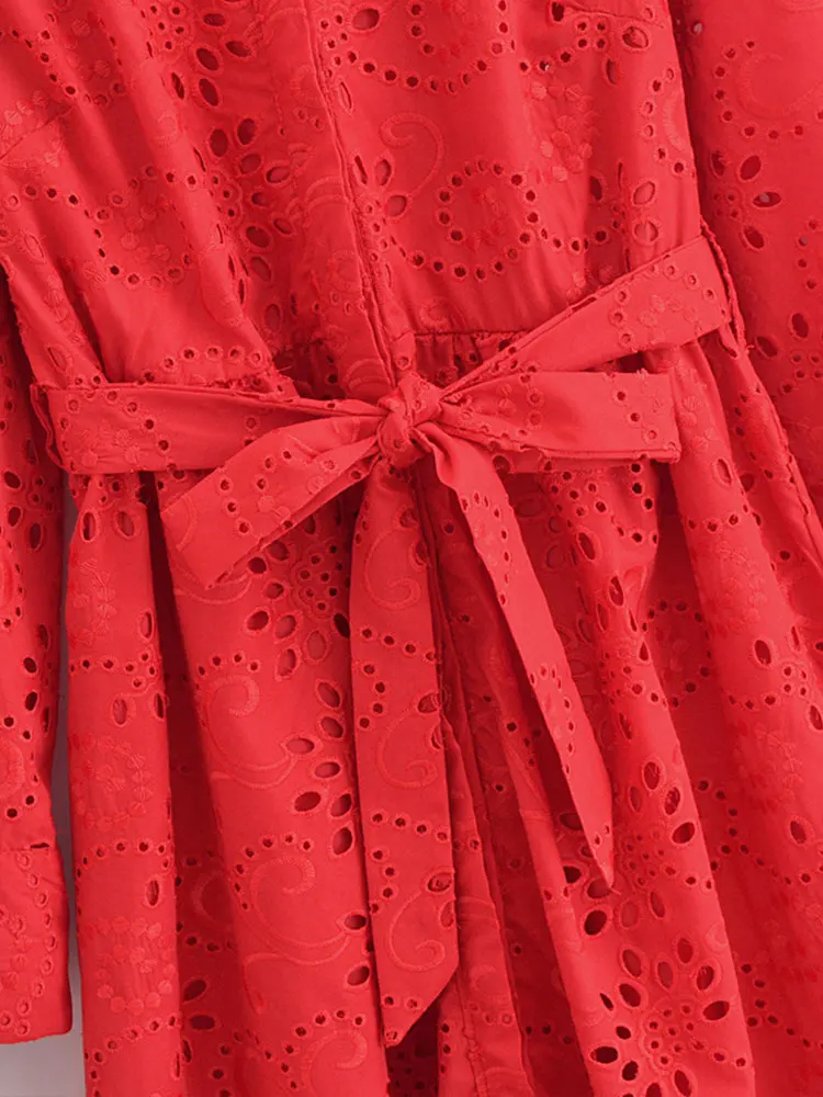 TRAF 2024 Autumn Women\'s Dresses Red Hollow Embroidery Decoration Waist Lace Up Long Dress Daily Casual Streetwear