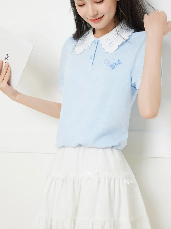 Sweet  Polka Dot  Shirt Dyed Doll Collar Short Sleeve T-Shirt Women Students Unique Beautiful Bloom Top Cotton Sweat...