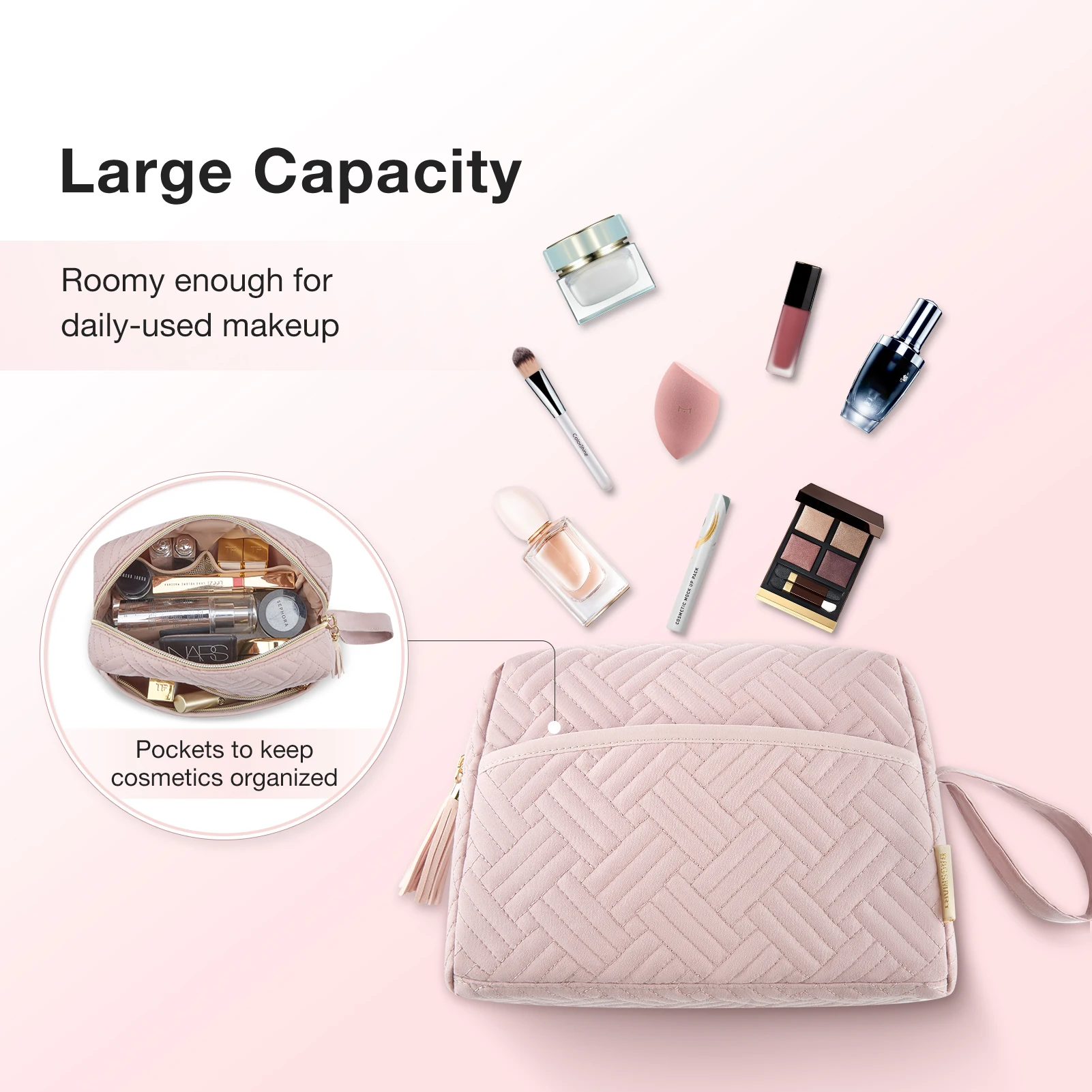 BAGSMART Large Capacity Makeup Bag for Travel Cosmetic Bags Elegant Roomy Waterproof Toiletry Case Organizer Make Up Accessories