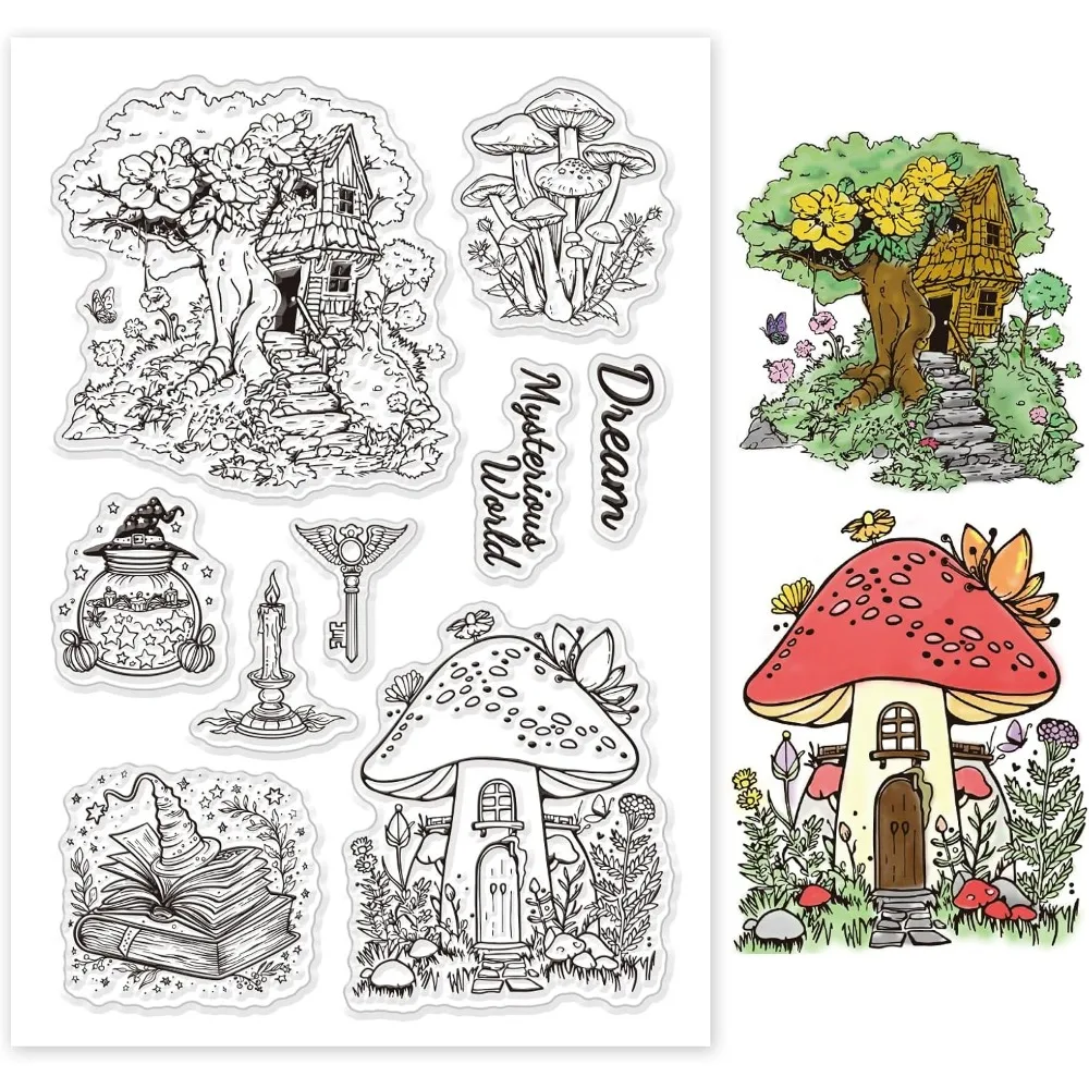 Fairytale World Clear Stamp for Card Making Tree House and Mushroom House Silicone Clear Stamp Winged Key Silicone Clear Stamp