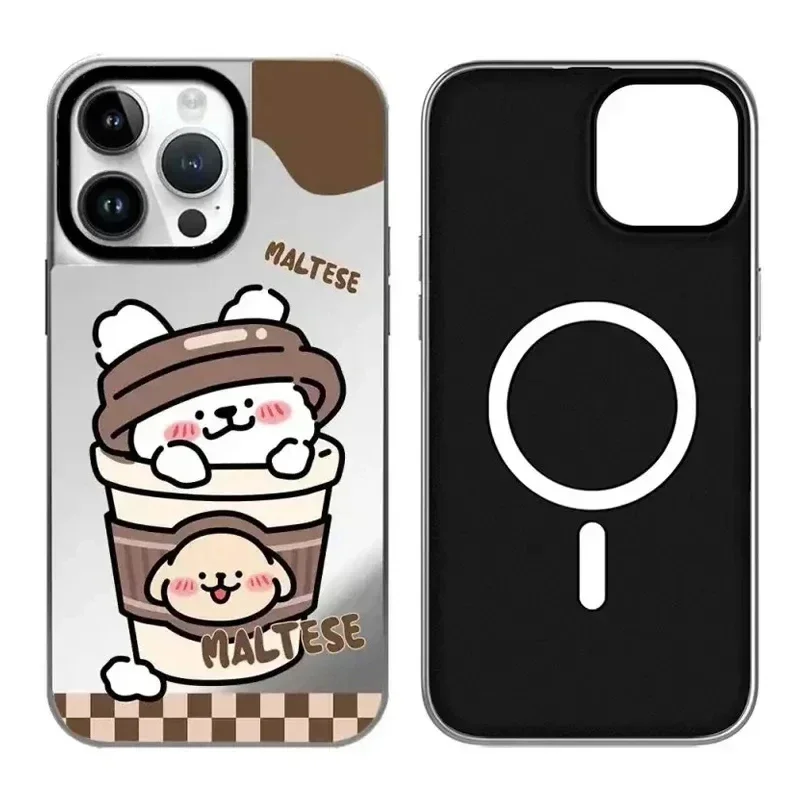 

Cute Dog Friends Mirror Silver Border Magnetic iPhone 12 13 14 15 Pro Max Mirror Surface MagSafe Case Cover Shell