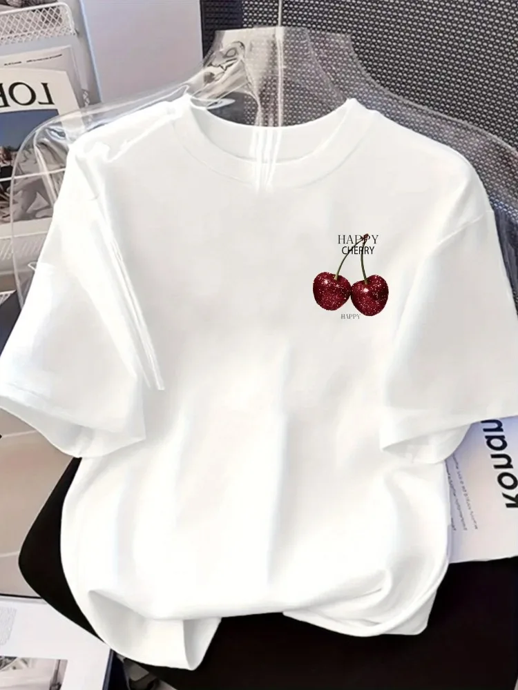 Front and Back Printed Short-Sleeve Women's T-Shirt HAPPY CHERRY Spring/Summer/Fall Trendy Printed T-Shirt Your Best Choice