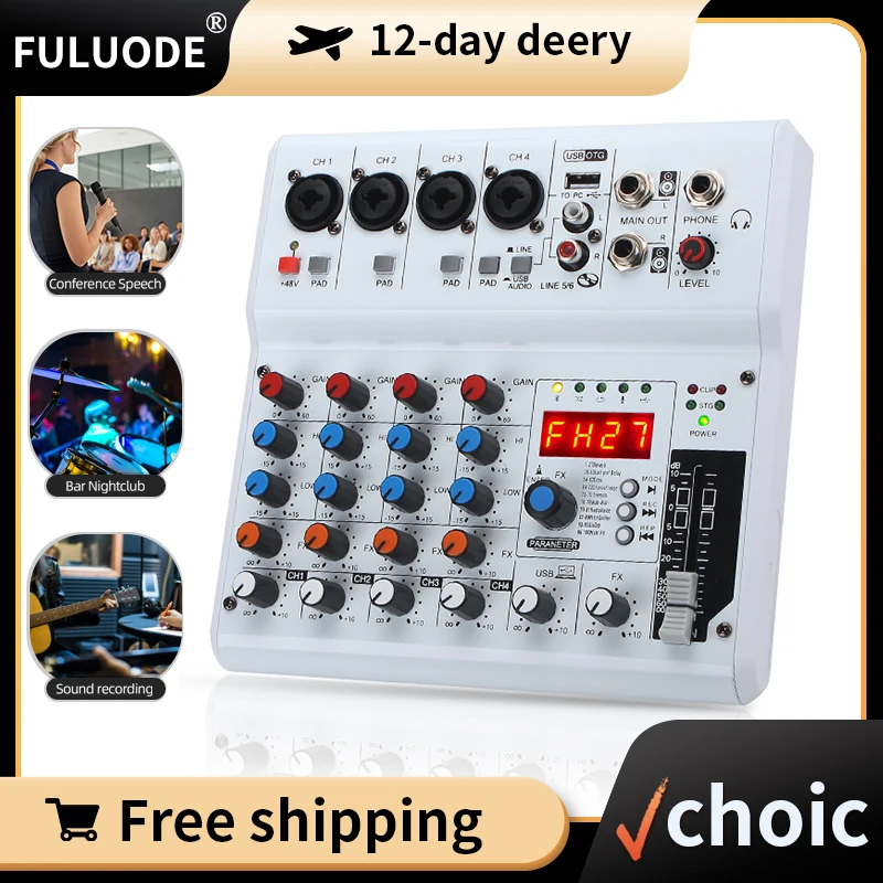 Fuluode A4 Sound Mixing Console Bluetooth USB Record Computer 48V Phantom Power Delay Repaeat Effect 4 Channels USB Audio Mixer