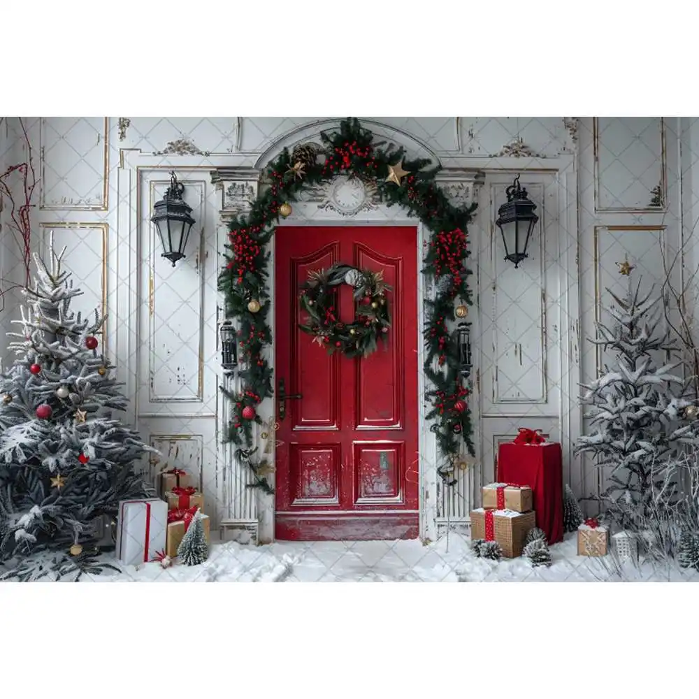 Merry Christmas and Winter Photography Background Garland Red Door Light Decoration Boys and Girls Birthday Party Decoration