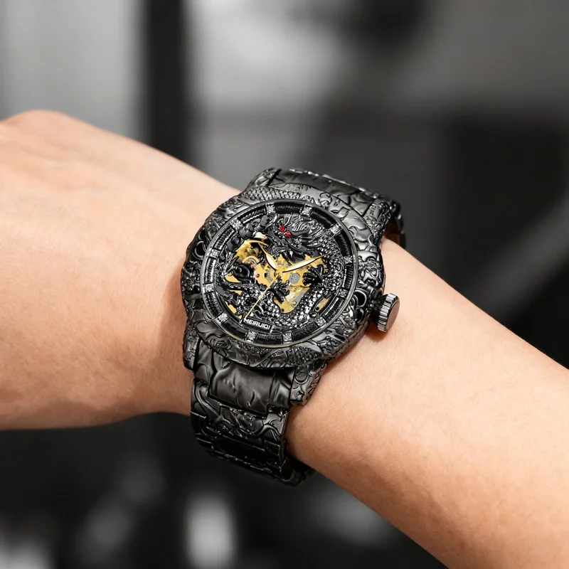 A Men's Black Fashion Style Creative Black Dragon Carved Fully Automatic Mechanical Watch view 6