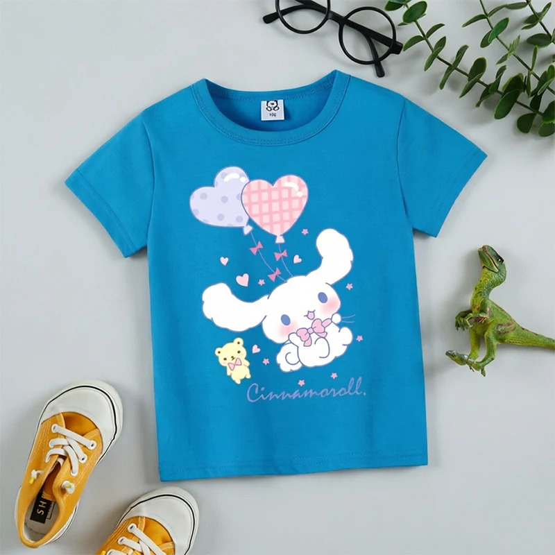 

Short Sleeve T Shirt Sanrio Cinnamoroll Cartoon Character Printed Polyester Tees Kawaii Summer Casual Crew Neck Tops Cute Gifts