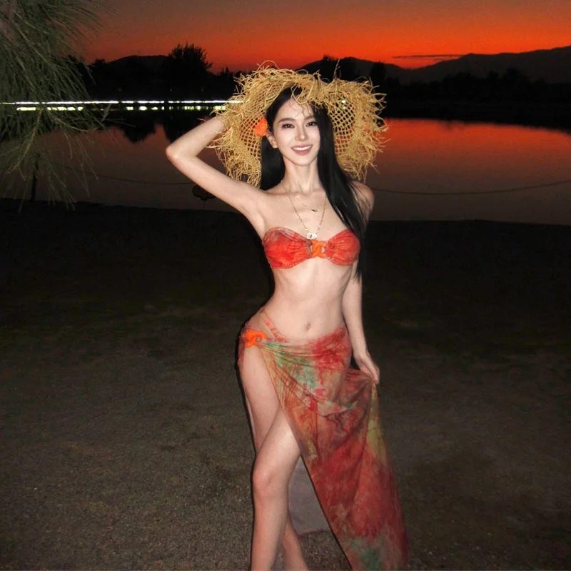 

Beach Vaion Sle Beautiful Sexy Orange Bikini Swimsuit Set High Slit Beach Long Dr Women's Faion Spring Collection