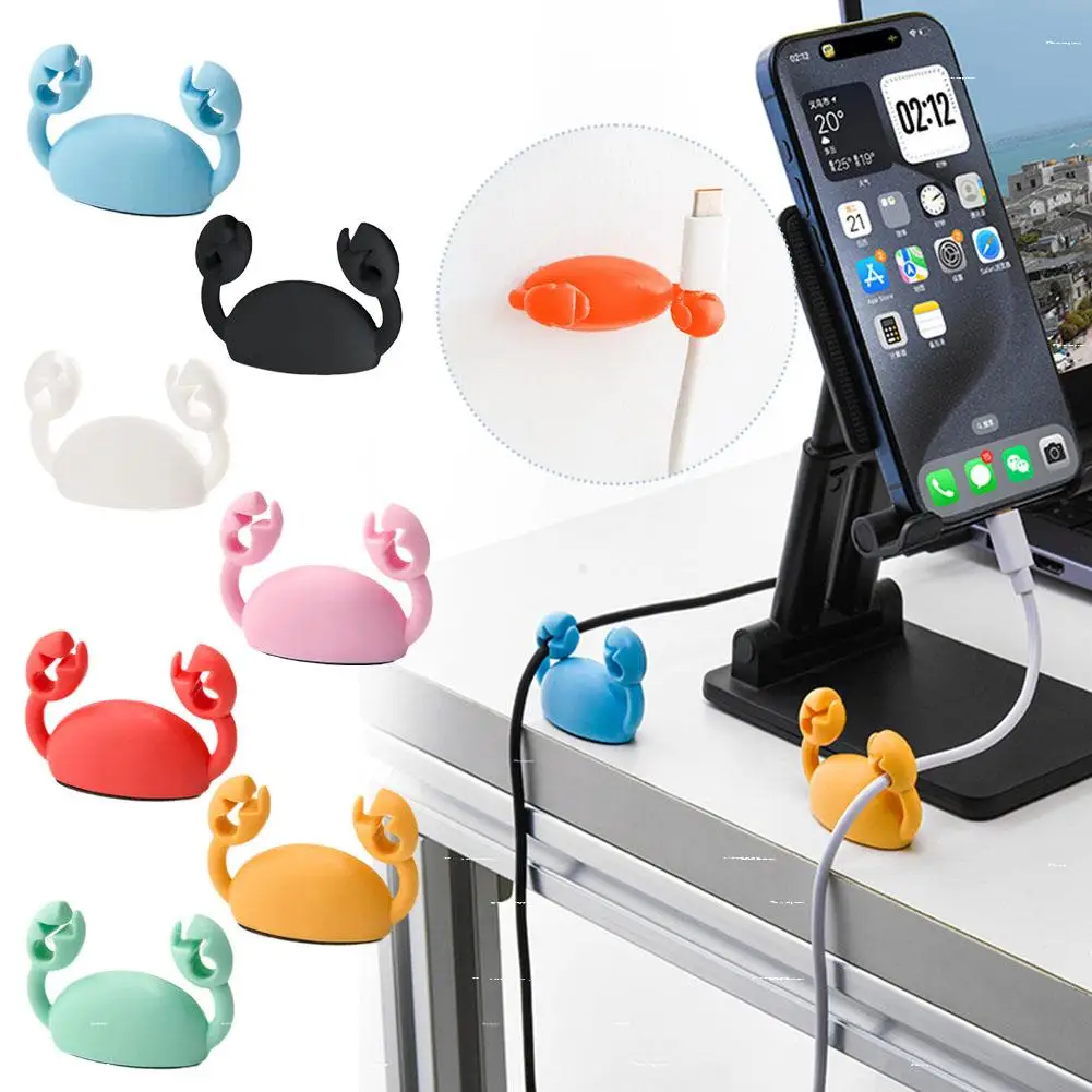 Cartoon Crab Cable Holder Desktop Silicone Cable Winder Wire Organizer Fixer Desk Holder Tidy Self-Adhesive Wire O6R8