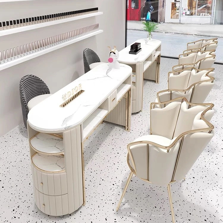 Luxury stainless steel marble tabletop manicure table with chairs can be customized size and color with fan for nail shop