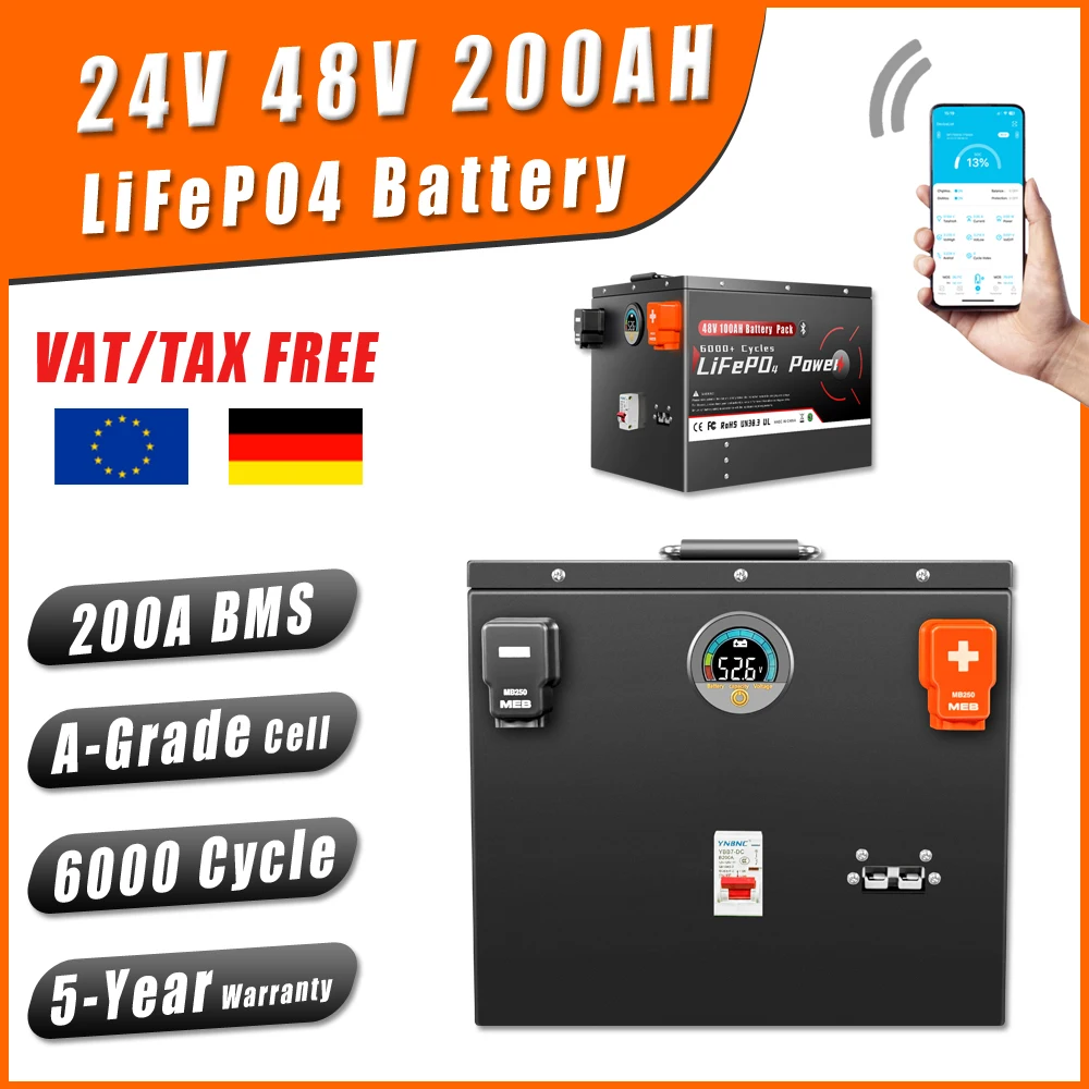 24V 200Ah 48V 200Ah LiFePO4 Batteriepack Bluetooth BMS 25,6V 51,2V 5KW 10KW Batterie Klasse A 6000+ Tiefzyklus für Solar-Heimspeicher, Wohnmobile, Boote, Wechselrichter, PV