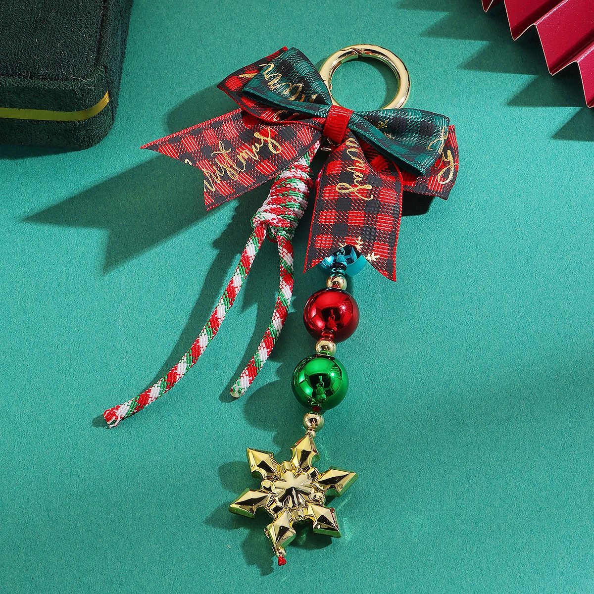 Christmas Keychain, Woven Lanyard with Snowflake, Plaid Bow & Beaded Bag Charm