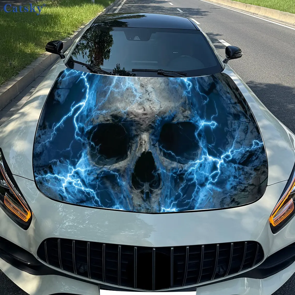 

Dark - Style Lightning Skull Car Hood Sticker PVC automotive coating - self-adhesive waterproof car cover stickers, suitable for