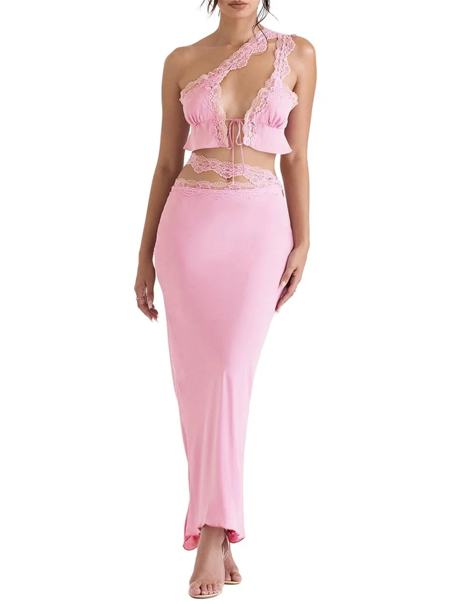 Vestido sexy de 2 piezas para mujer vestido largo sin tirantes vestido de fiesta de verano Un Hombro Rosa S