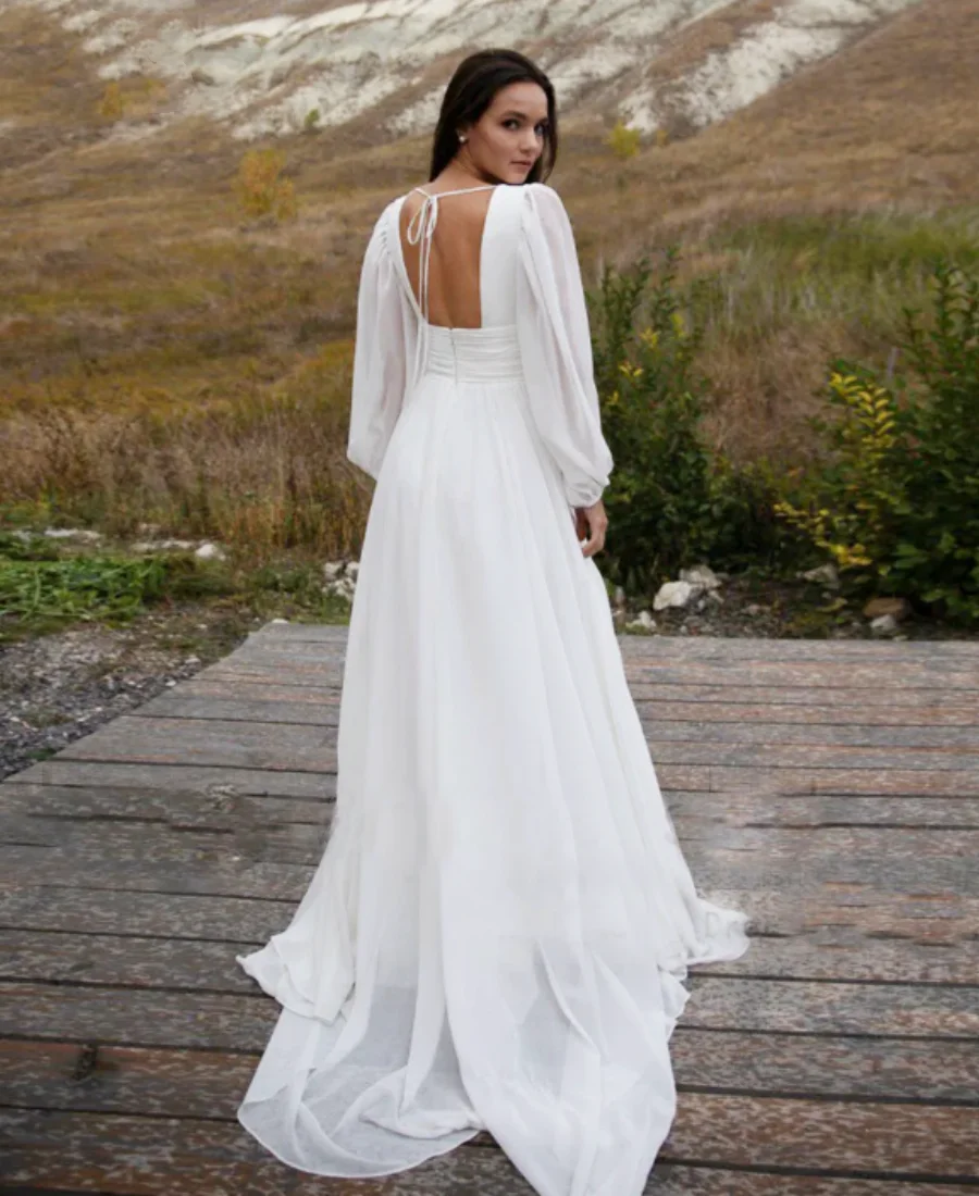 Een Lijn Rugloze Strandbruid Jurk Sweep Trein Chiffon Robe De Mariée Vestidos Eenvoudige Pofmouw Trouwjurk Bruids Lang