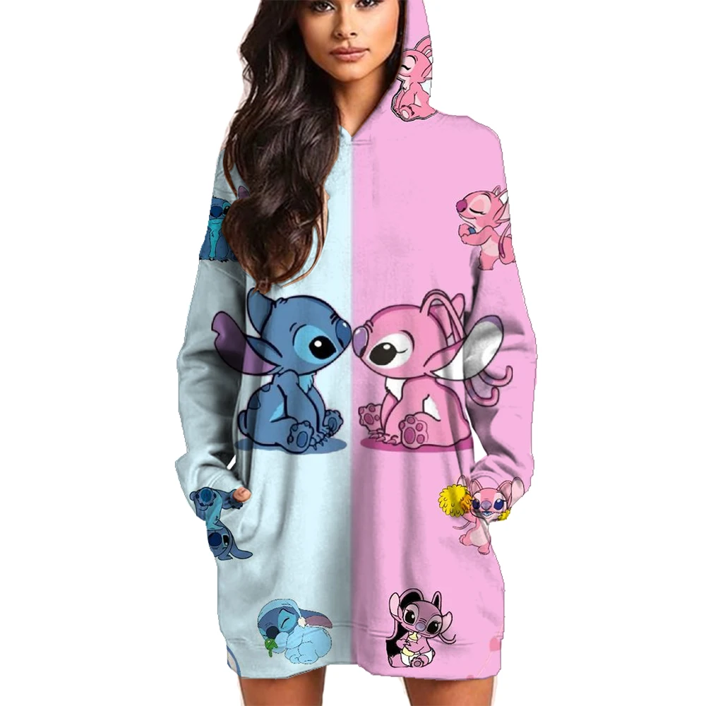 Kawaii Disney Stitch Women's Hoodies Dress Ladies Fashion Leisure S-3XL Youthful Woman Clothes Lovely Black Hoodie Winter Y2k