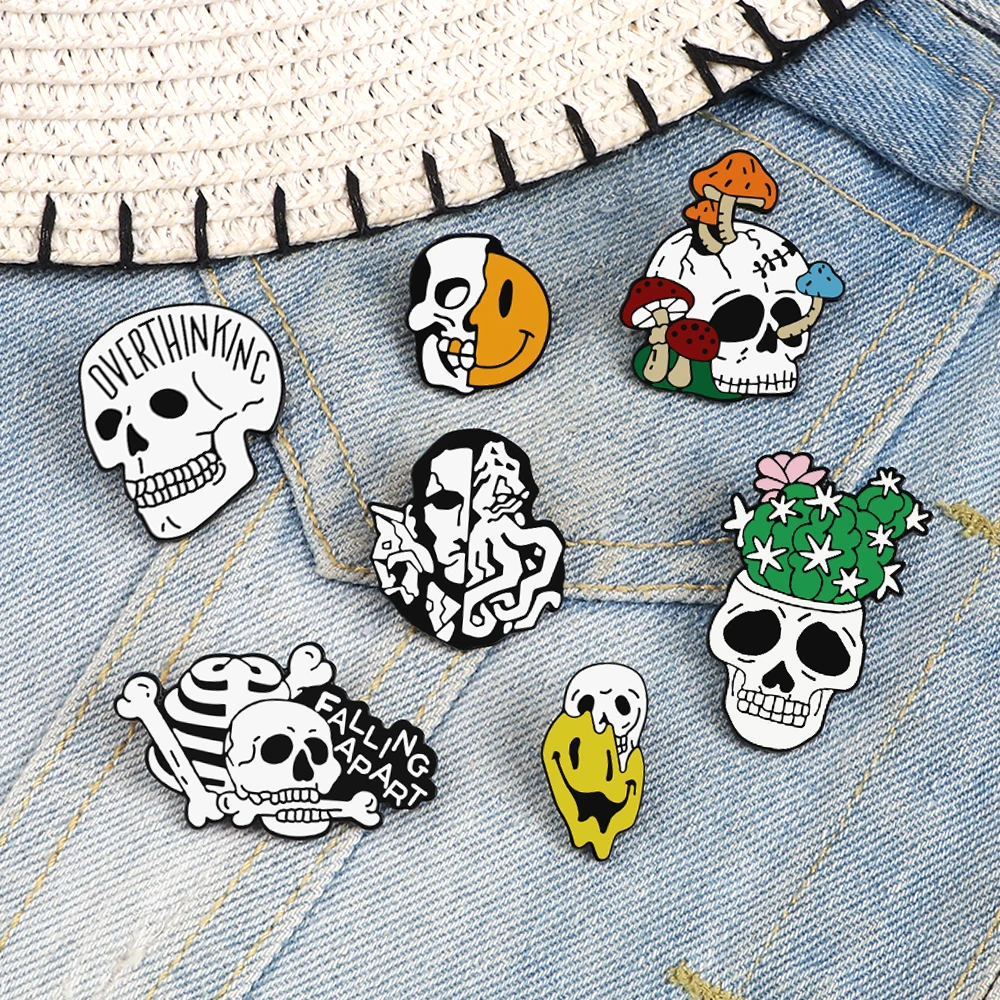 Creative Skull Custom Enamel Pins Punk Dark Night Stalker Skeleton Brooches Cactus Mushroom Lemonade Skulls Unisex Badge Jewelry