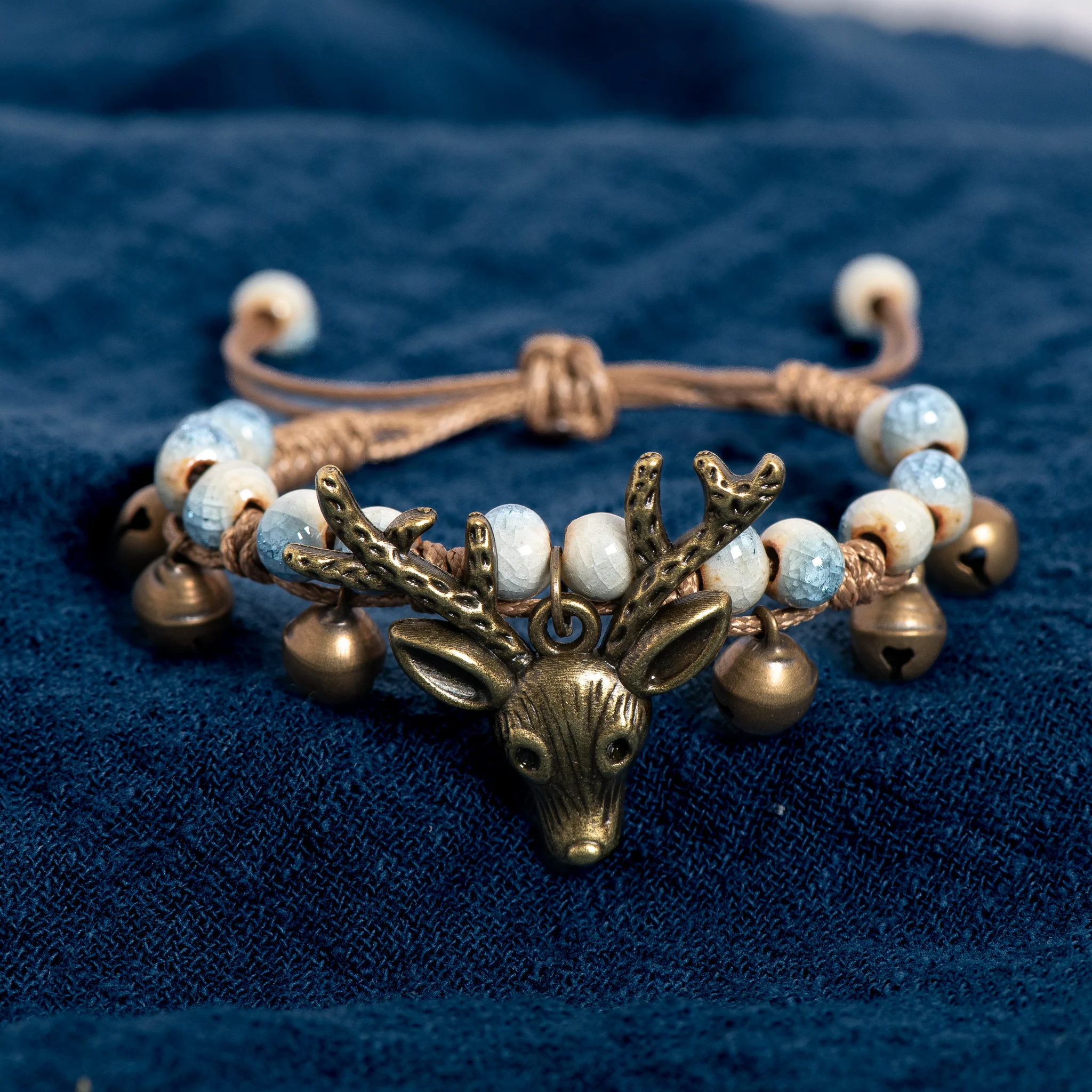 Adjustable Deer Head Ceramic Bracelet Vintage Crackle White Beads Handmade Wax Cord Jewelry pulseras en pareja 168