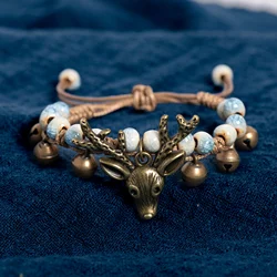 Adjustable Deer Head Ceramic Bracelet Vintage Crackle White Beads Handmade Wax Cord Jewelry pulseras en pareja 168