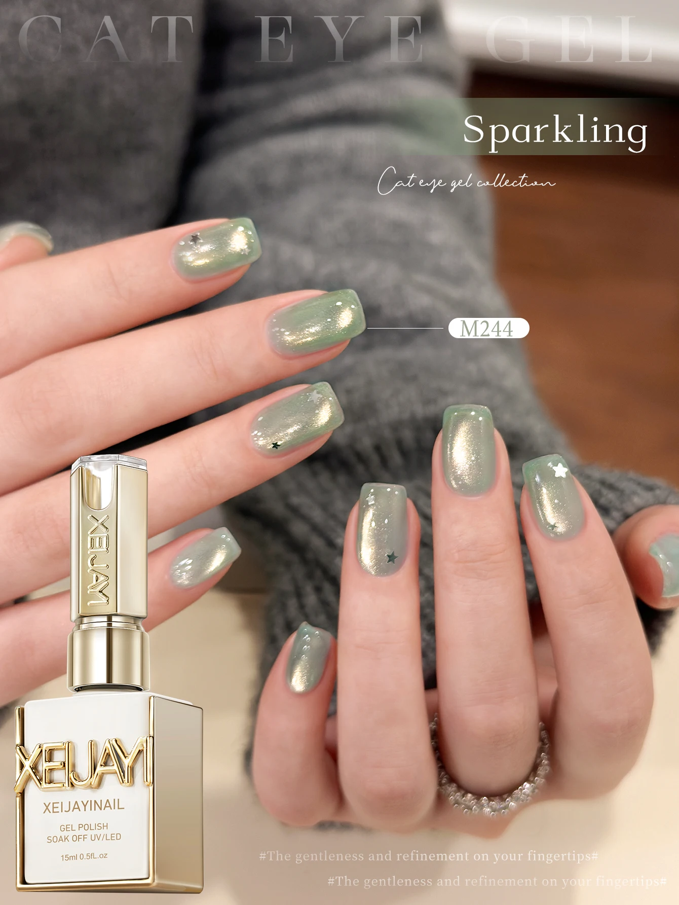 XEIJAYI 1 Stück 15ml Grüner Gradient Cat's Eye Gel Nagellack Neue Trendfarbe Glasperlen Nagelkunst für Frauen und Mädchen