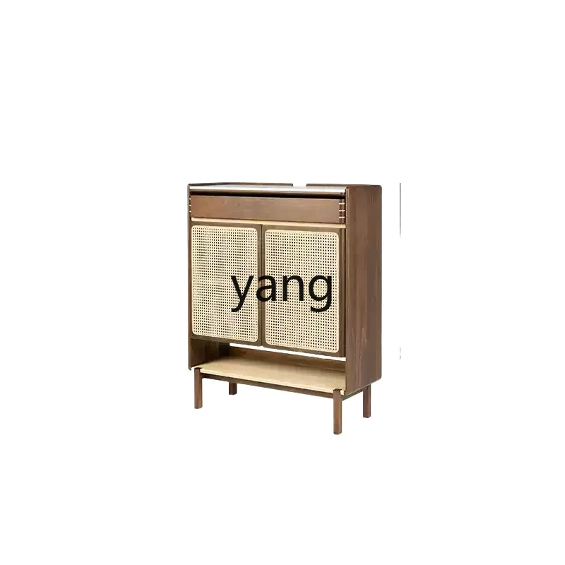 

YJQQ black walnut solid wood rattan shoe cabinet integrated with household indoor entrance cabinet