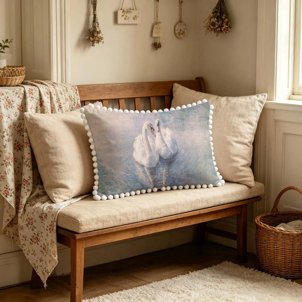 1PC Blue Purple Background with White Swans Oil Painting, Vintage Elegant Oil Painting Swan Long Pillow Cover with Pom Pom Tri